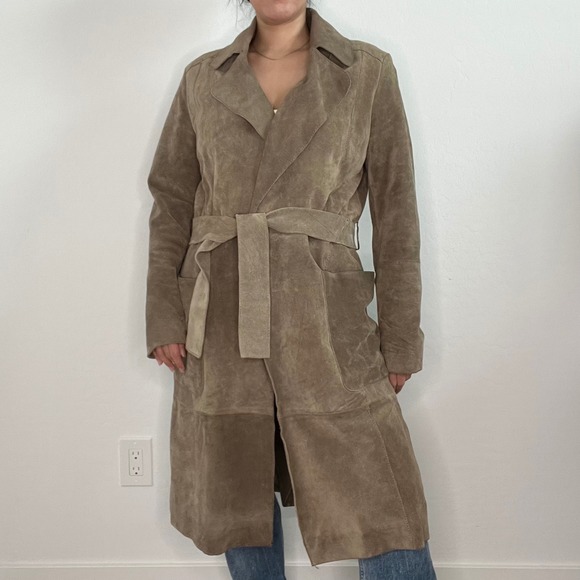 Mango Jackets & Blazers - MNG Mango Genuine Leather Suede Trench Coat Belted‎ Taupe Double Breasted